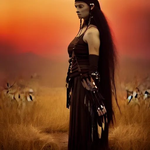 Image similar to photographic portrait of a stunningly beautiful gothic native american female in soft dreamy light at sunset, contemporary fashion shoot, by edward robert hughes, annie leibovitz and steve mccurry, david lazar, jimmy nelsson, breathtaking, 8 k resolution, extremely detailed, beautiful, establishing shot, artistic, hyperrealistic, beautiful face, octane render