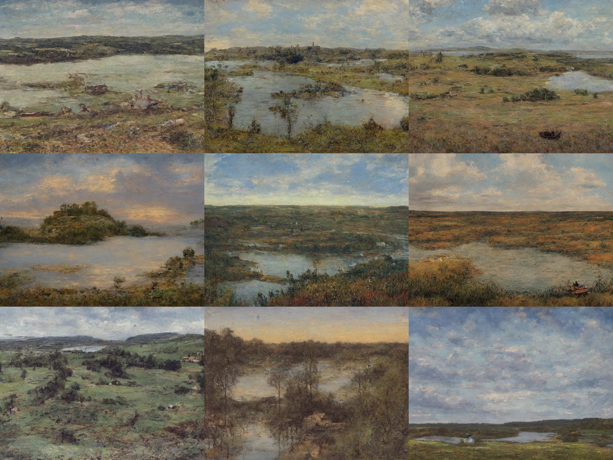 Prompt: russian academic landscape painting 1880s, wide river and tiny house on the top of the hill, epic wide sky and horzon, andrey tarkovsky, 70s, pastel colors, cinematic, ultra view angle view, 'Nad vechnim pokoem' painting by isaac levitan and nikolay nissky