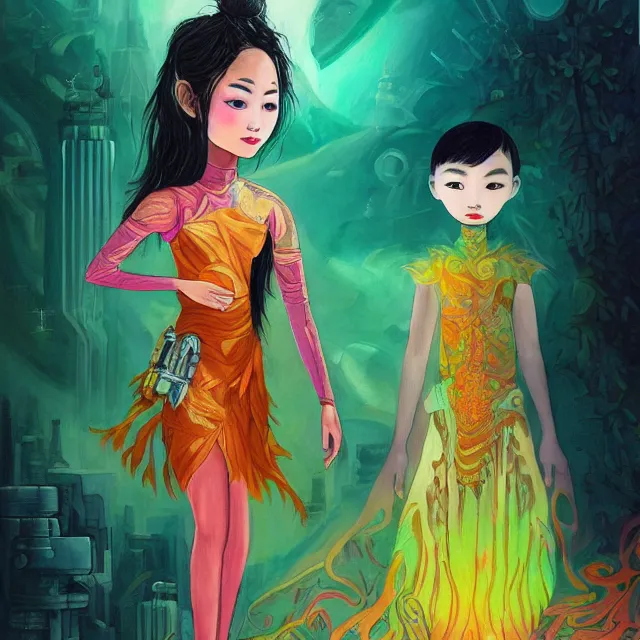 Image similar to southeast asian scifi princess of the cloud forest, wearing a lovely dress with cyberpunk details. this oil painting by the beloved children's book author has an interesting color scheme and impeccable lighting.