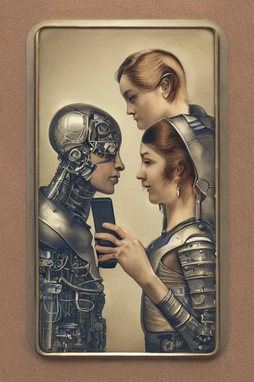 Image similar to a beautiful ultradetailed vintage photo of two cyborgs facing away from each other and looking at their cellphones, by tom bagshaw and anna dittman, couples portrait, vignette, 3 5 mm lens, golden ratio composition, detailed faces, studio photography, very detailed, humanoids, industrial robots, artstation, 8 k, highly coherent