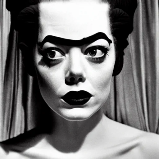 Image similar to emma stone as the bride of frankenstein, black and white