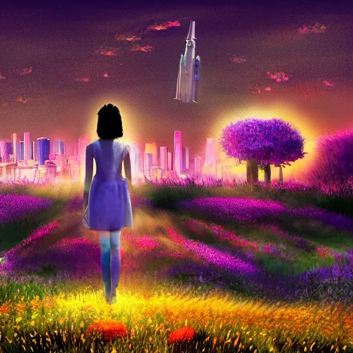 Prompt: A women in a field of flowers with a city in the background and a spaceship taking off, digital painting, volumetrics, light rays, 4k, by Mari Inukai and Bria Burke