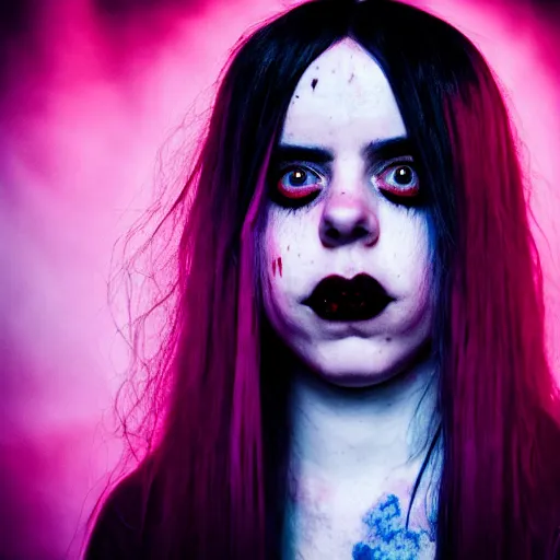 Image similar to Adult Billie Eilish as a demon in heaven, blood flowing from eyes, grungy, unkept hair, glowing eyes, modelsociety, radiant skin, huge anime eyes, RTX on, bright on black, dramatic, studio lighting, perfect face, intricate, Sony a7R IV, symmetric balance, polarizing filter, Photolab, Lightroom, 4K, Dolby Vision, Photography Award