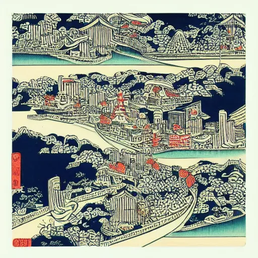 Image similar to “City of london in the style of a woodblock print by the Japanese ukiyo-e artist Hokusa, by James Jean”