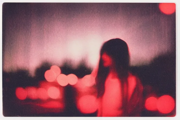 Prompt: blured girl on the red light, focused background night sky with stars, polaroid photo