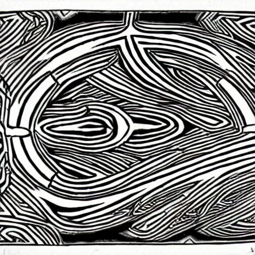 Prompt: a black and white line drawing of psychedelic maori tattoo design