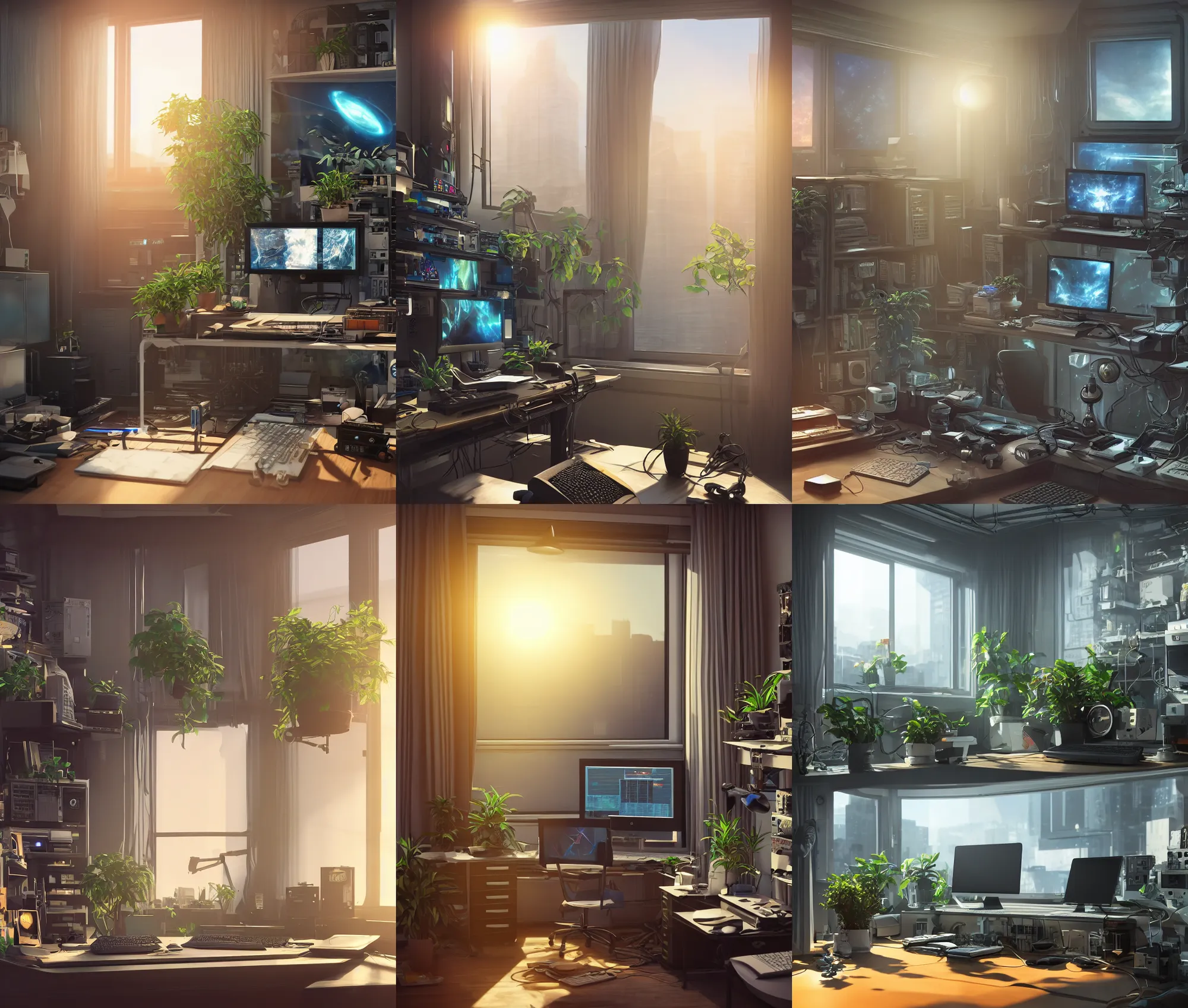 Prompt: detailed scifi artstation scene of a complex computer workstation in a small studio apartment room, a potted plant, many monitors, many electronics, a window view, window curtain, maximalism, volumetric light, sunny amber morning light, sun beam, atmospheric haze, unreal engine, hyperrealism, realistic shading, blender render, photorealistic, wide shot