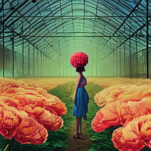 Prompt: giant carnation flower head, woman standing in greenhouse, surreal photography, dramatic light, impressionist painting, digital painting, artstation, simon stalenhag