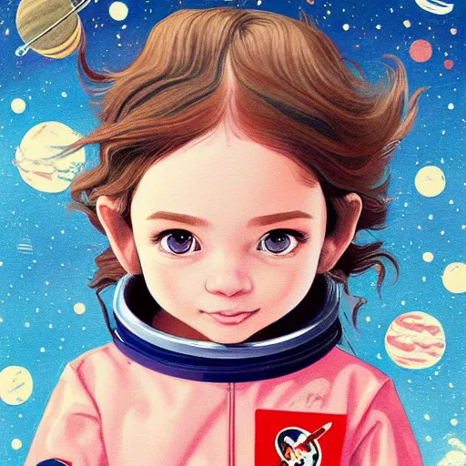 Prompt: a painting of a little girl with short wavy curly light brown hair and blue eyes, floating in space. she is an astronaut, wearing a space suit. beautiful detailed face line art by ilya kuvshinov and