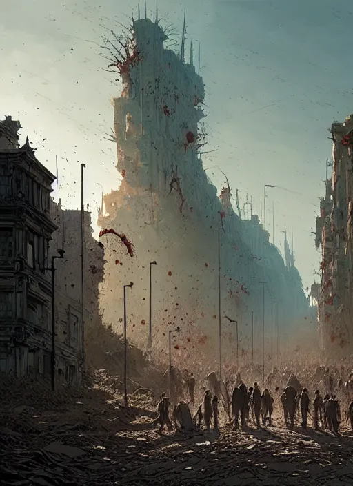 Image similar to masterpiece concept art, zombie apocalypse, by greg rutkowski and geof darrow, 8 k, intricate detail, cinematic lighting