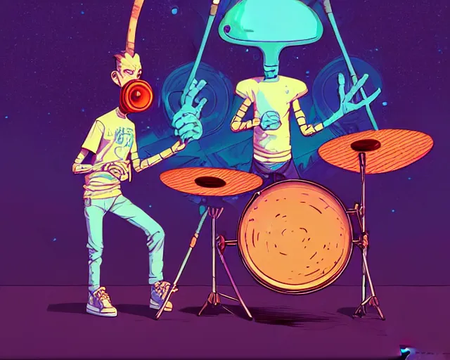 Image similar to a study of cell shaded cartoon of two aliens in a band playing a synthesizer and drums, subtle colors, post grunge, concept art by josan gonzales and wlop, by james jean, Victo ngai, David Rubín, Mike Mignola, Laurie Greasley, highly detailed, sharp focus, Trending on Artstation, HQ, deviantart, art by artgem