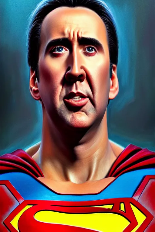 Image similar to portrait of nicolas cage as superman looking away from the camera, intricate, hyperrealistic, extremely detailed oil painting by simon stalenhag and greg rutkowski, artstation