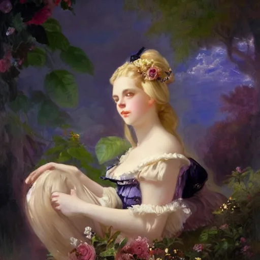 Image similar to Alice in Wonderland,a portrait of a beautiful blond hair girl,Diamonds Blaze,Rose twining,luxuriant,dreamy, eternity, romantic,highly detailed,in the style of Franz Xaver Winterhalter, highly detailed,night lighting