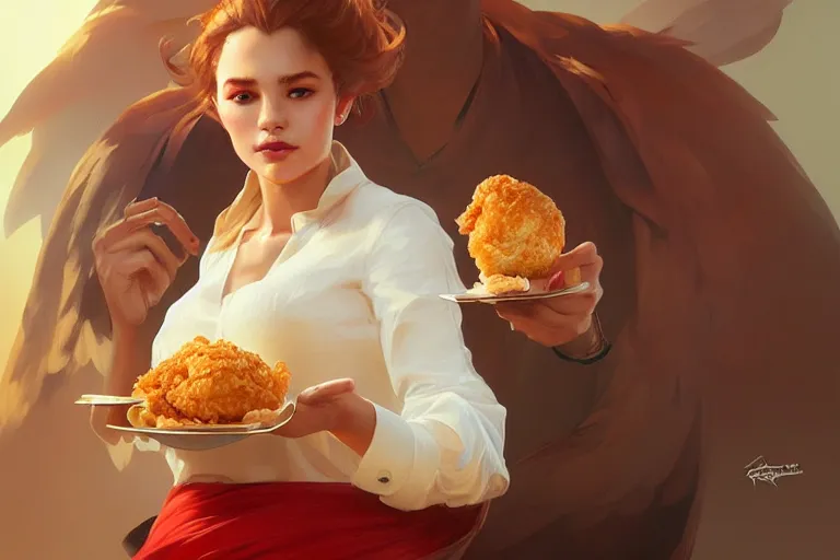 Image similar to kfc chicken, portrait, elegant, intricate, digital painting, artstation, concept art, smooth, sharp focus, illustration, art by artgerm and greg rutkowski and alphonse mucha