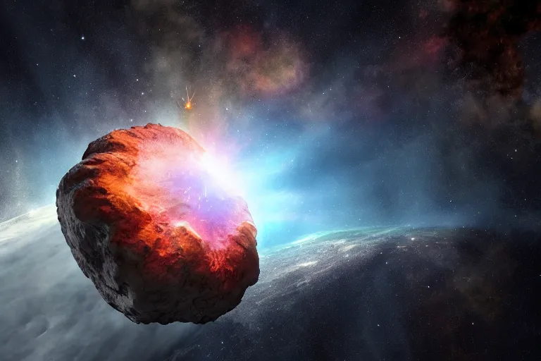 Image similar to dramatic render of an asteroid impacting earth, space nebula, cgsociety, artstation, 4k