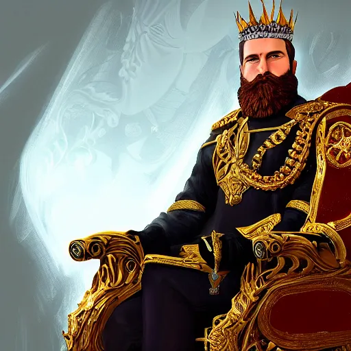 Prompt: Portrait of a king sitting on his throne, beard, crystal crown, digital art, realistic, artstation, detailed