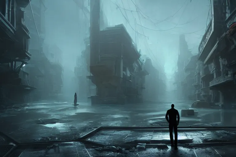 Image similar to a man standing in a street in an abandoned underwater alien city, ancient looming immense buildings ; creepy mood, uneasy atmosphere, sense of wonder, awe, breathtaking digital art, cinematic lighting, striking perspective, contrasting colors, unreal engine 8 k, trending on artstation, aesthetic color palette, very realistic, highly detailed