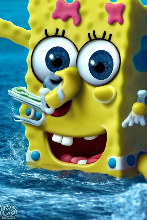Image similar to photorealistic photo of spongebob squarepants, unsettling, stare, hyper detailed, realistic lighting, rtx on, featured on artstation