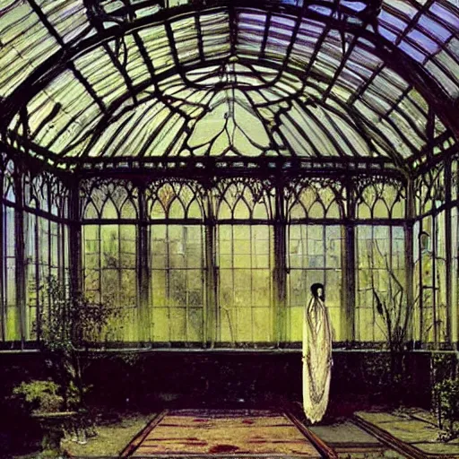 Image similar to a beautiful painting of an eerie hovering ghost inside a large overgrown victorian greenhouse with large windows, warm lights, evening, stunningly beautiful art nouveau architecture, by john atkinson grimshaw