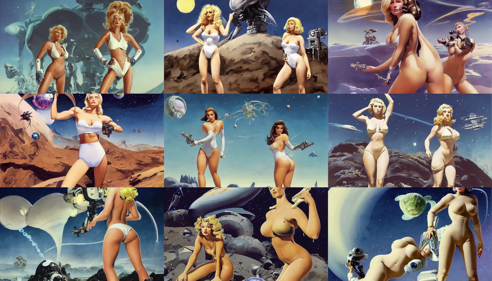 Image similar to A mixed media portrait painting of a beautiful blonde brunette woman exploring an alien planet, very curvy, aesthetic! high-waisted white-bikini-armor and boots, holding raygun, aesthetic symmetrical face and eyes, model, Scandinavian, wet, discarded mechsuit in background, by Frank Frazetta, Boris Vallejo, Beeple, Greg Rutkowski, Christian MacNevin, eighties-pinup style, epic fantasy character art, high fantasy, CGsociety, exquisite detail, post-processing, masterpiece, cinematic