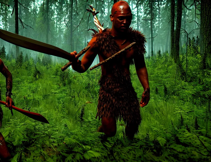 Prompt: a the forest game screenshot with one tribal enemy in the middle of the screenshot the player is holding a axe ultra realistic