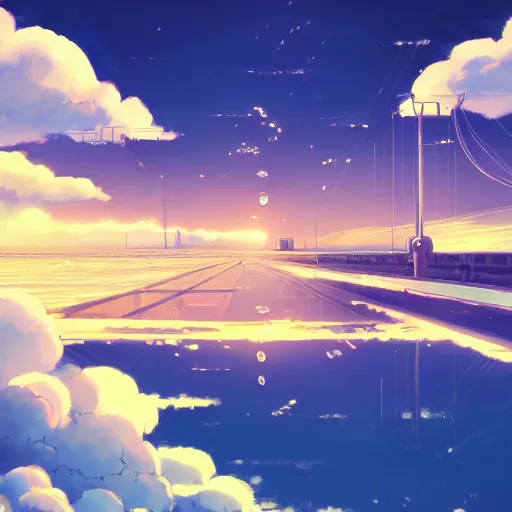 Image similar to a beautiful ultradetailed anime illustration，up to bottom is clouds，sea，railway，by makoto shinkai，anime wallpaper 4k，prismatic