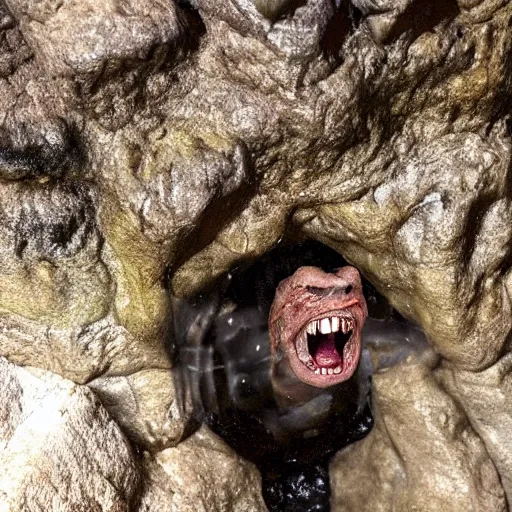 Prompt: photo inside a cavern of a wet reptilian humanoid trump partially hidden behind a rock, with black eyes, open mouth and big teeth