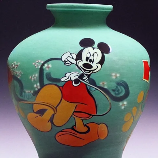 Image similar to vase work, Ancient vase art of Mickey Mouse in art style of chinese art, fragmented clay firing chinese vase with an Mickey Mouse in the style of ancient chinese art, ancient chinese art!!!!! chinese art