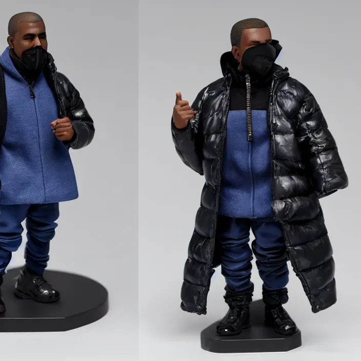 Prompt: a goodsmile figure of kanye west using a full face covering black mask, a small, tight, undersized reflective bright blue round puffer jacket made of nylon, dark jeans pants and big black balenciaga rubber boots, figurine, detailed product photo