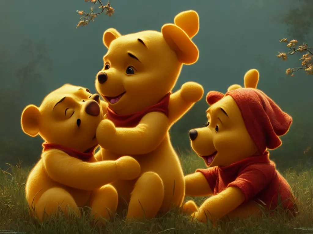 Prompt: winnie the pooh and xi jingping, cute and cuddly, highly detailed, photorealistic, octane render, 8 k, unreal engine. art by artgerm and greg rutkowski and alphonse mucha