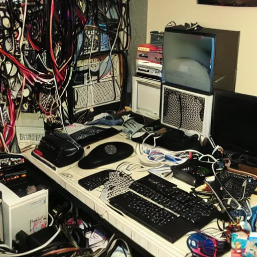 Image similar to a messy dirty Otaku's bedroom full of computers wires and strings
