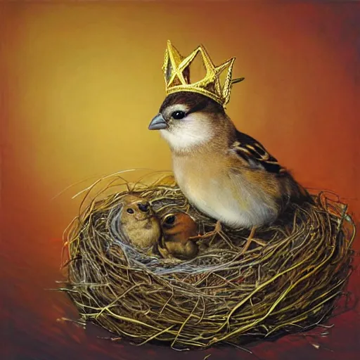 Image similar to long shot of a cute furry sparrow chick nesting in a golden metal crown, by esao andrews, by m. w. kaluta, volumetric light, fresh colors, ultra humorous oil painting, realistic reflections, floral background, smooth, concept art, depth perception, high depth of field, 4 k, unreal engine 5, ultradetailed, hyperrealistic, trending on artstation