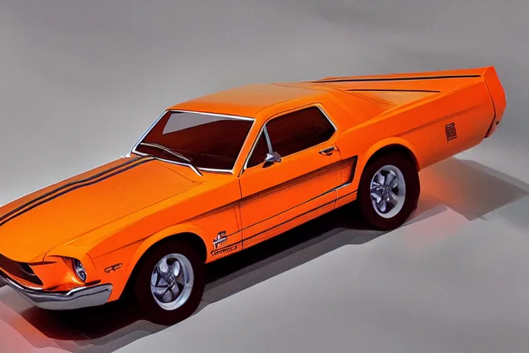 Prompt: a photo hyperrealistic flying bright orange Ford Mustang spaceship