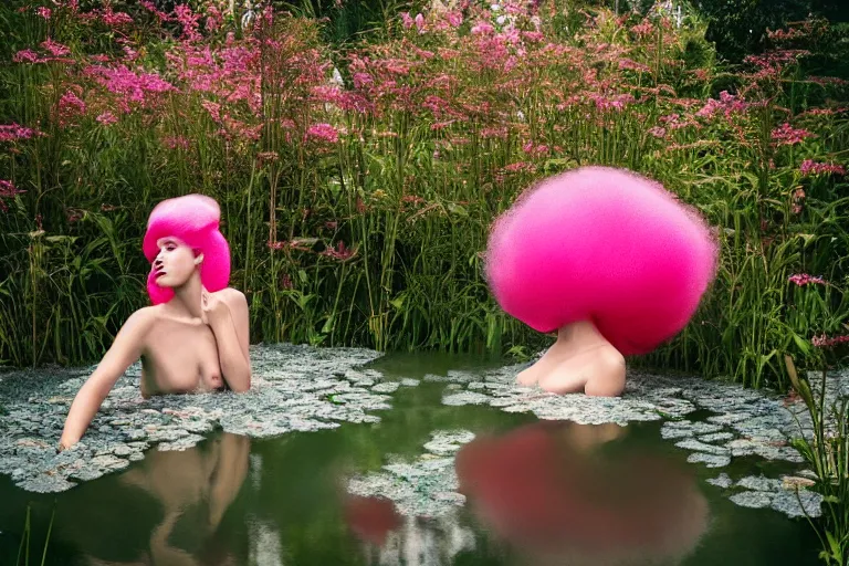 Image similar to 1 9 7 6 woman with huge pink candy floss hair floats in a pond, surrounded by a detailed forrest of lily leaves, deep focus, intricate, elegant, highly detailed, matte, sharp focus, photography of gregory crewdson