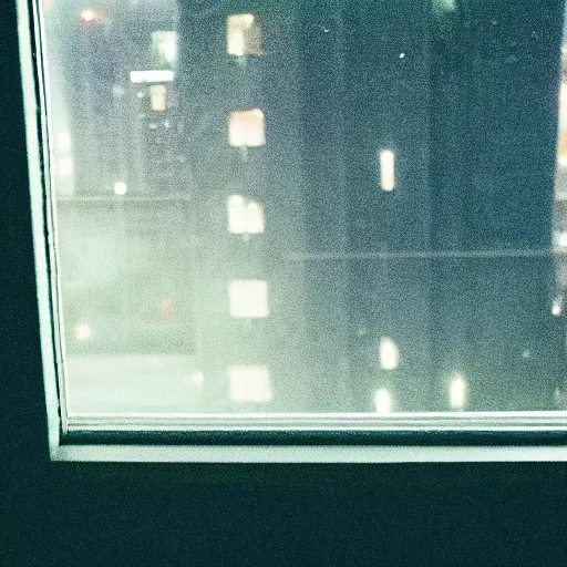 Prompt: looking out the window at night, overlooking the city, sad, alone, melancholy, moody, gloomy, atmospheric, bittersweet, color palette, staring, city lights, bedroom window, balcony