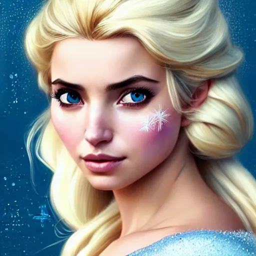 Prompt: Ana de Armas with blonde hair as Elsa from Frozen, western, D&D, fantasy, intricate, elegant, highly detailed, digital painting, artstation, concept art, matte, sharp focus, illustration, art by Artgerm and Greg Rutkowski and Alphonse Mucha