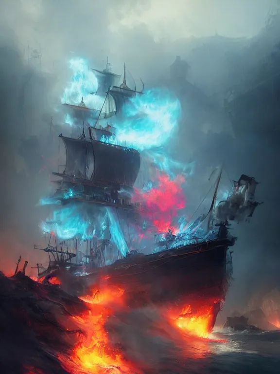 Prompt: photo of 8k ultra realistic pirate ghost ship on fire, full of colour, cinematic lighting, battered, trending on artstation, 4k, hyperrealistic, focused, extreme details,unreal engine 5, cinematic, masterpiece, art by Peter Mohrbacher