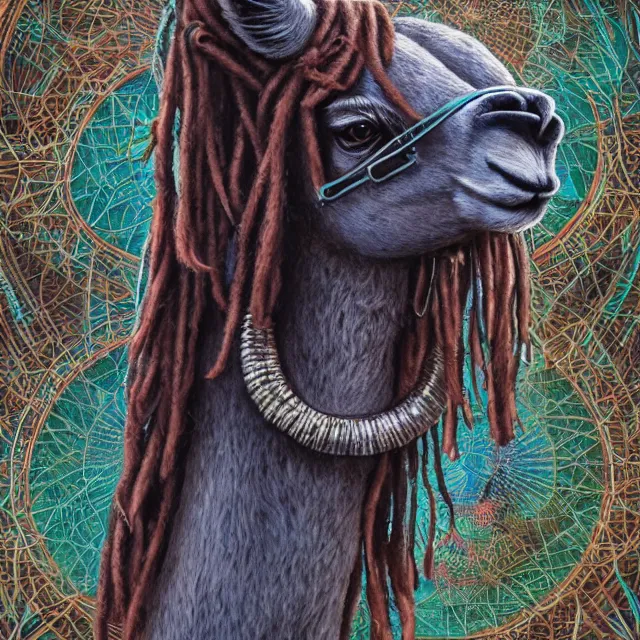 Image similar to llama with dreadlocks, industrial sci-fi, by Mandy Jurgens, Ernst Haeckel, James Jean