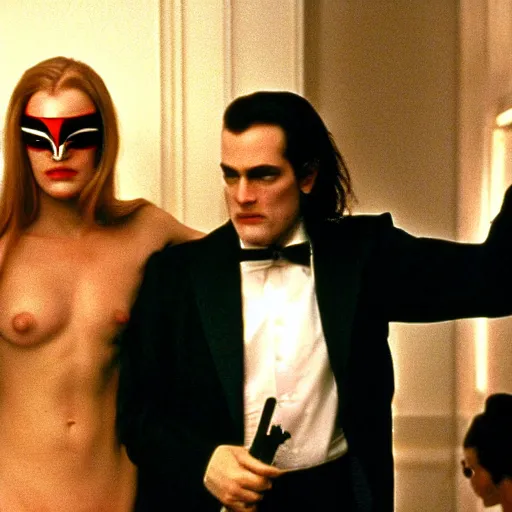 Image similar to stanley kubrick shooting eyes wide shut, in american psycho ( 1 9 9 9 )