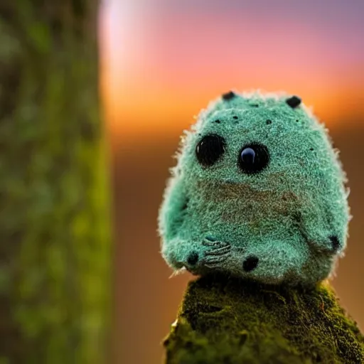 Image similar to a tiny cute mossy forest creature by bobby chiu, at sunset, macro photography, goro fujita