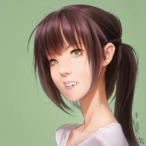 Prompt: A medium shot anime portrait of a happy woman with brown hair, a single short ponytail, a part in her hair, with bright blue eyes, open mouth, a big forehead, and large eyebrows, without glasses, blue eyes, detailed, by Stanley Artgerm Lau, WLOP, Rossdraws, James Jean, Andrei Riabovitchev, Marc Simonetti, and Sakimi chan, trending on artstation