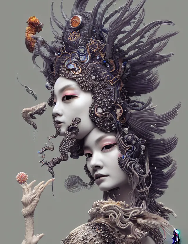 Image similar to 3 d goddess close - up portrait with crown, ram skull. beautiful intricately detailed japanese crow kitsune mask and clasical japanese kimono. betta fish, jellyfish phoenix, bioluminescent, plasma, ice, water, wind, creature, artwork by tooth wu and wlop and beeple and greg rutkowski