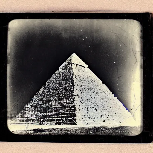 Image similar to tintype photo, ufo crashing into a pyramid