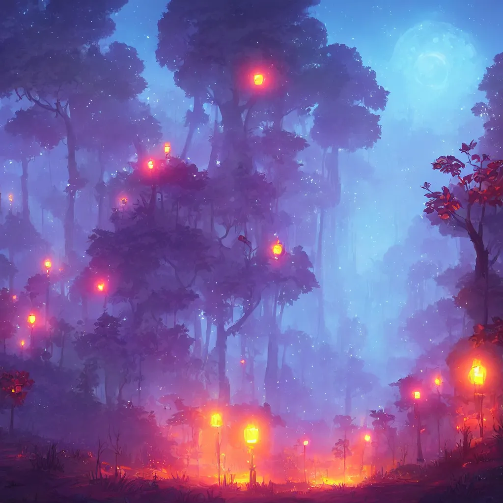 Image similar to city at night by a forest (Ori and the Blind Forest), digital painting, vivid colors, sharp render by by Miyazaki Nausicaa Ghibli, breath of the wild style