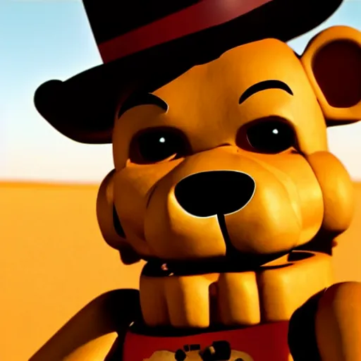 Image similar to Closeup of Freddy Fazbear in the Sahara desert, award winning Tarantino movie still, 35 mm, cinematic