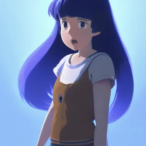 Image similar to a wholesome animation key shot of a girl with long dark blue hair and a raccoon tail, medium shot, studio ghibli, pixar and disney animation, sharp, rendered in unreal engine 5, anime key art by greg rutkowski, bloom, dramatic lighting, trending on artstation