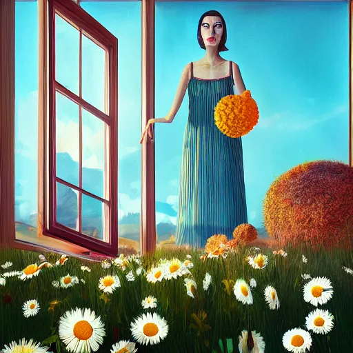 Prompt: giant daisy flower head, woman in dress, standing next to modern window in luxury apartment, surreal photography, sunlight, impressionist painting, digital painting, artstation, simon stalenhag