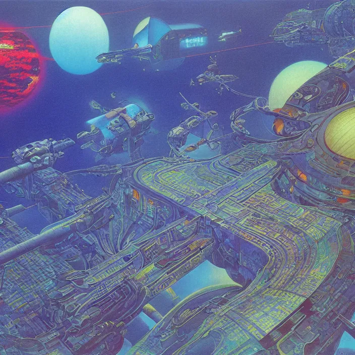 Image similar to chinese kowloon spacecraft, science fiction, extremely detailed, pastel colors, intricate, hard light, flat, illustration, volumetric lighting, digital painting, by roger dean, by alex grey, by bruce pennington