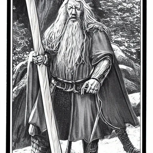 Prompt: frontal portrait of gandalf swinging a huge battle axe| d&d | larry elmore |