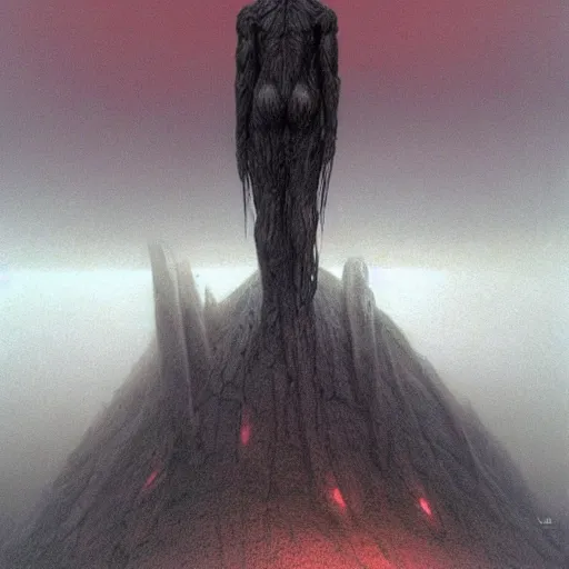 Prompt: concept art of a giant titan, wendigo, foreboding, fantasy, valley, heavy fog, wayne barlowe and zdzislaw beksinski